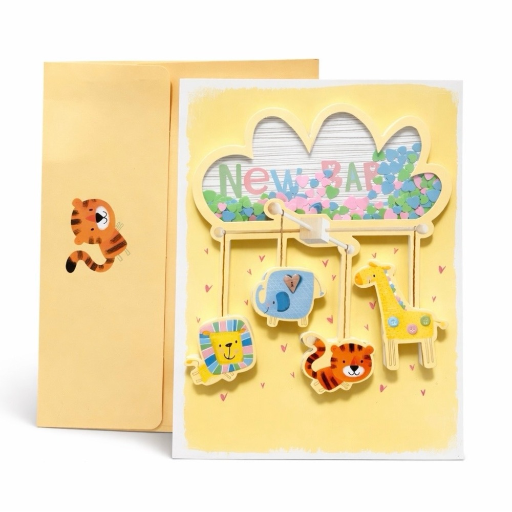 New Baby Shaker Greeting Card 3D Jungle Animals Interactive w Envelope